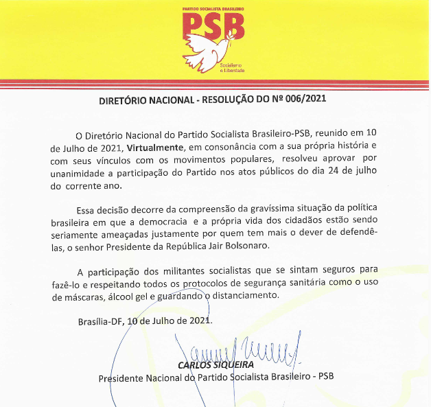 PSB confirma participação em atos públicos contra Bolsonaro