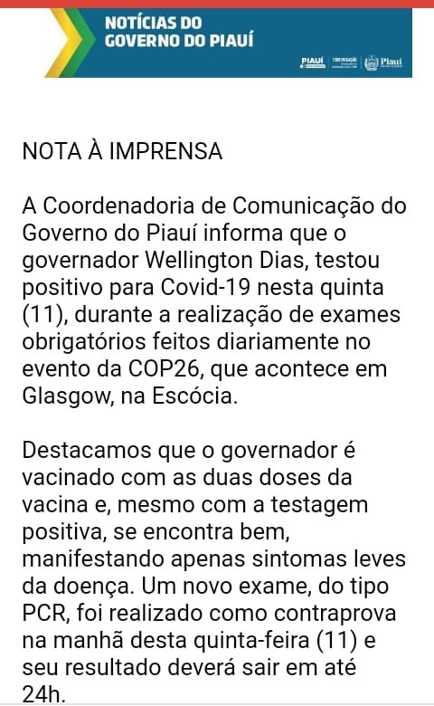 Governador Wellington Dias testa positivo para COVID-19