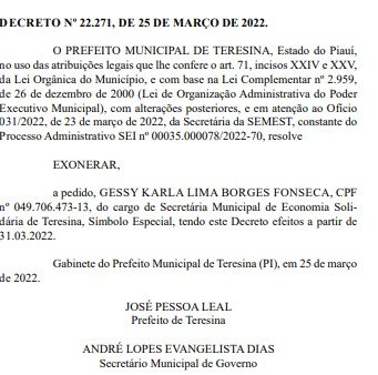 Gessy Fonseca é exonerada da Prefeitura de Teresina