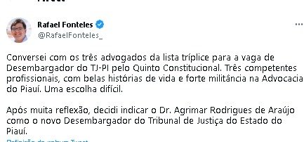 Rafael Fonteles escolhe Agrimar Rodrigues para cargo de desembargador do TJ-PI